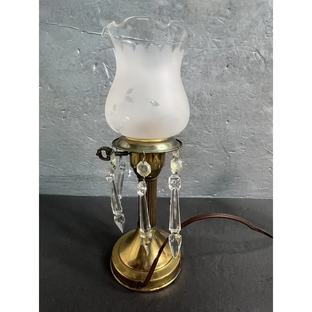 Vintage Astral Brass‎ Boudoir Lamp Crystal Prism Drops Glass Shade Electric